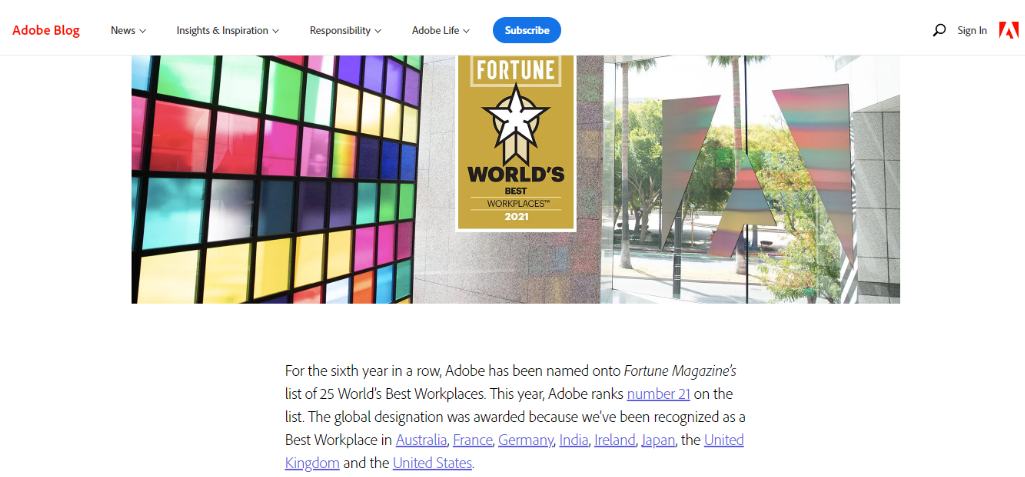 Adobe in Fortune Magazine's list of top 25 World's best workplaces